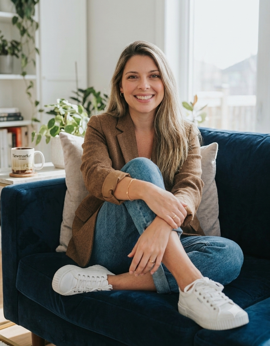 Lauren Coll sitting on a navy sofa in a sunlit room