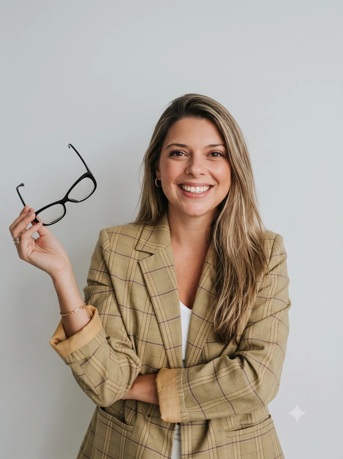 Lauren Coll smiling, holding her glasses, in a checked linen blazer